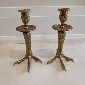 Vintage Ornate Brass Birds Feet / Turkey Feet / Claw Feet Candlestick Holders